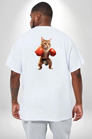 Boks Yapan Kedi Büyük Beden Beyaz Tişört Kadın Erkek Ünisex Sırt Baskılı
