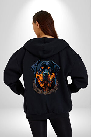 Rottweiler Koca Kafa Kadın Erkek Siyah Renk Kapüşonlu Kanguru Cepli  Fermuarlı Pamuklu Oversize Dijital Baskılı Hırka Sweatshirt