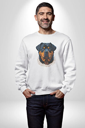 Rottweiler Koca Kafa Kadın Erkek  Beyaz Baskılı Sweatshirt 