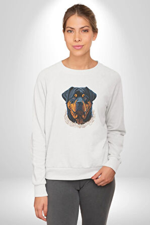 Rottweiler Koca Kafa Kadın Erkek  Beyaz Baskılı Sweatshirt 