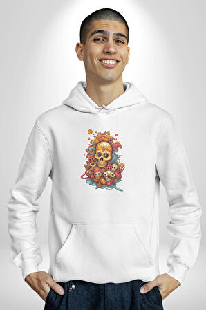 Renkli Kurukafa Hippi  Kadın Erkek  Beyaz Kapüşonlu Sweatshirt Hoodie