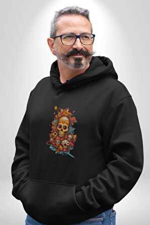 Renkli Kurukafa Hippi  Kadın Erkek  Siyah Kapüşonlu Sweatshirt Hoodie