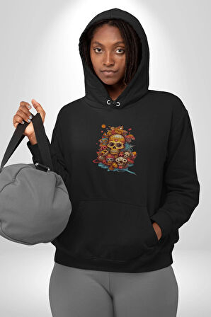 Renkli Kurukafa Hippi  Kadın Erkek  Siyah Kapüşonlu Sweatshirt Hoodie
