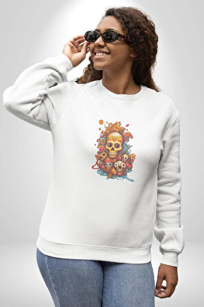 Renkli Kurukafa Hippi  Kadın Erkek  Beyaz Baskılı Sweatshirt 