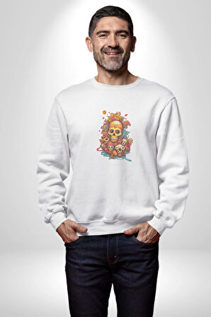 Renkli Kurukafa Hippi  Kadın Erkek  Beyaz Baskılı Sweatshirt 
