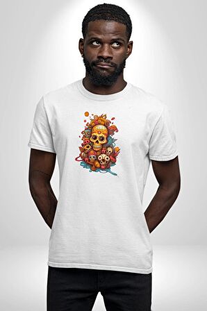 Renkli Kurukafa Hippi  Kadın Erkek Unisex Beyaz Organik Baskılı T-Shirt Penye Yüksek Kalite