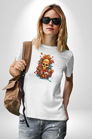 Renkli Kurukafa Hippi  Kadın Erkek Unisex Beyaz Organik Baskılı T-Shirt Penye Yüksek Kalite
