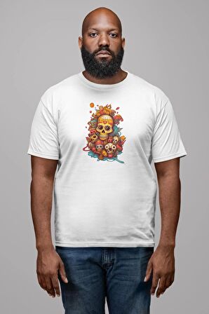 Renkli Kurukafa Hippi  Kadın Erkek Unisex Beyaz Organik Baskılı T-Shirt Penye Yüksek Kalite