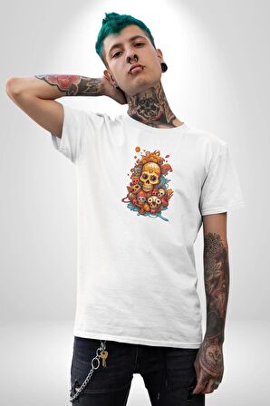 Renkli Kurukafa Hippi  Kadın Erkek Unisex Beyaz Organik Baskılı T-Shirt Penye Yüksek Kalite