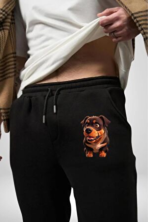 Sevimli Çoban Köpeği Pamuklu 3 İplik Siyah Eşofman Altı Erkek Oversize Kesim Dijital Baskılı