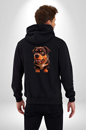 Sevimli Çoban Köpeği Kadın Erkek Siyah Renk Kapüşonlu Kanguru Cepli  Fermuarlı Pamuklu Oversize Dijital Baskılı Hırka Sweatshirt