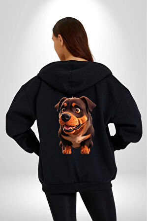 Sevimli Çoban Köpeği Kadın Erkek Siyah Renk Kapüşonlu Kanguru Cepli  Fermuarlı Pamuklu Oversize Dijital Baskılı Hırka Sweatshirt