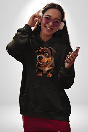 Sevimli Çoban Köpeği Kadın Erkek  Siyah Kapüşonlu Sweatshirt Hoodie