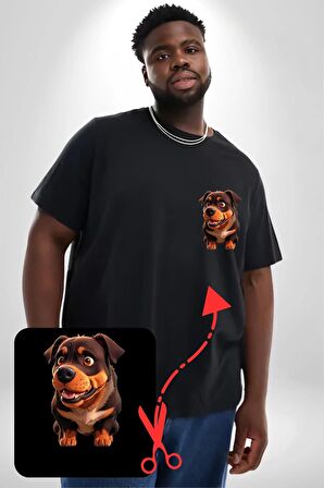 Sevimli Çoban Köpeği Siyah Büyük Beden Kadın Basic Minimal Baskılı Tişört