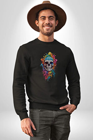 Renkli Kurukafa Kadın Erkek  Siyah Baskılı Sweatshirt 