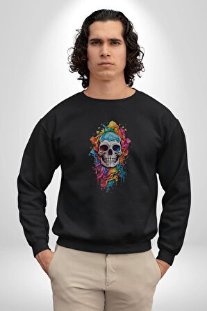 Renkli Kurukafa Kadın Erkek  Siyah Baskılı Sweatshirt 