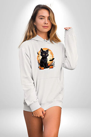 Cadılar Bayramı Kedi Kadın Erkek  Beyaz Kapüşonlu Sweatshirt Hoodie