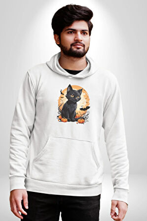 Cadılar Bayramı Kedi Kadın Erkek  Beyaz Kapüşonlu Sweatshirt Hoodie