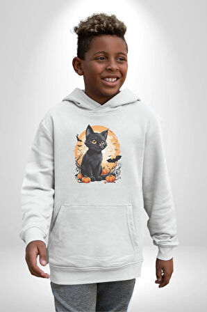 Cadılar Bayramı Kedi Kadın Erkek  Beyaz Kapüşonlu Sweatshirt Hoodie