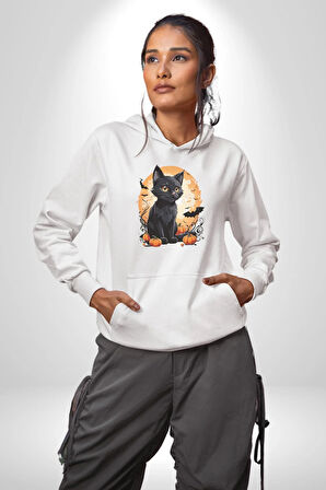 Cadılar Bayramı Kedi Kadın Erkek  Beyaz Kapüşonlu Sweatshirt Hoodie