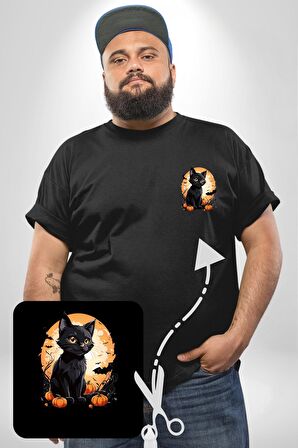 Cadılar Bayramı Kedi Siyah Büyük Beden Kadın Basic Minimal Baskılı Tişört