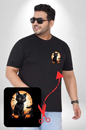 Cadılar Bayramı Kedi Siyah Büyük Beden Kadın Basic Minimal Baskılı Tişört