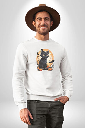 Cadılar Bayramı Kedi Kadın Erkek  Beyaz Baskılı Sweatshirt 