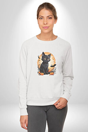 Cadılar Bayramı Kedi Kadın Erkek  Beyaz Baskılı Sweatshirt 