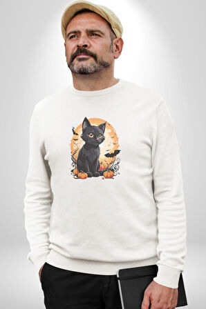 Cadılar Bayramı Kedi Kadın Erkek  Beyaz Baskılı Sweatshirt 