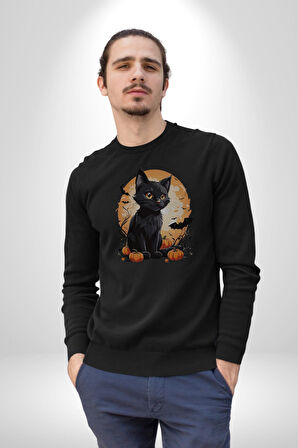 Cadılar Bayramı Kedi Kadın Erkek  Siyah Baskılı Sweatshirt 