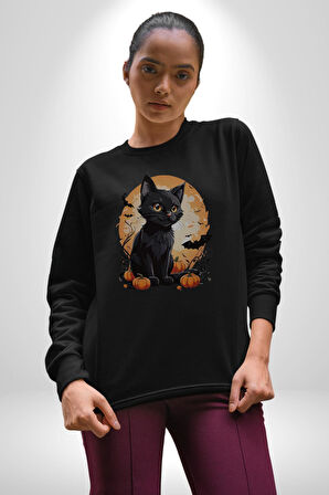 Cadılar Bayramı Kedi Kadın Erkek  Siyah Baskılı Sweatshirt 