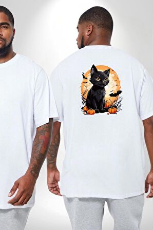 Cadılar Bayramı Kedi Büyük Beden Beyaz Tişört Kadın Erkek Ünisex Sırt Baskılı
