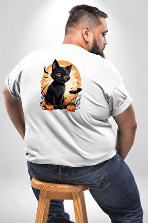 Cadılar Bayramı Kedi Büyük Beden Beyaz Tişört Kadın Erkek Ünisex Sırt Baskılı