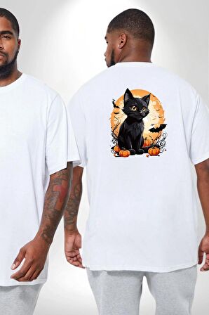 Cadılar Bayramı Kedi Büyük Beden Beyaz Tişört Kadın Erkek Ünisex Sırt Baskılı