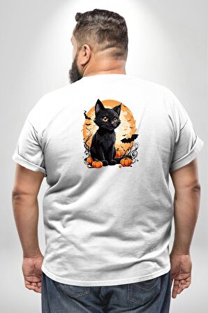 Cadılar Bayramı Kedi Büyük Beden Beyaz Tişört Kadın Erkek Ünisex Sırt Baskılı