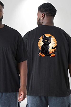 Cadılar Bayramı Kedi Büyük Beden Siyah Tişört Kadın Erkek Ünisex Sırt Baskılı