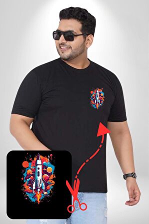 Uzay Aracı Roket Siyah Büyük Beden Kadın Basic Minimal Baskılı Tişört