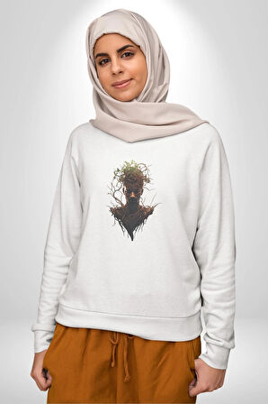 Ağaç Adam Kökler Felsefe Kadın Erkek  Beyaz Baskılı Sweatshirt 
