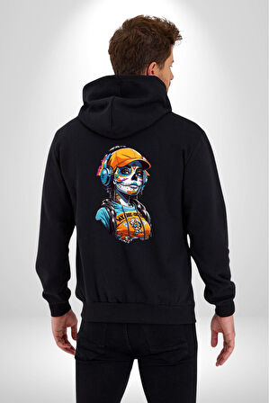 Robot Kız Müzik Kulaklık Şapka Kadın Erkek Siyah Renk Kapüşonlu Kanguru Cepli  Fermuarlı Pamuklu Oversize Dijital Baskılı Hırka Sweatshirt