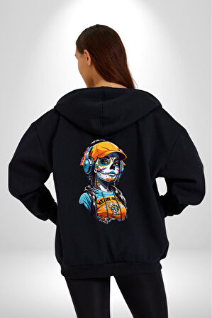 Robot Kız Müzik Kulaklık Şapka Kadın Erkek Siyah Renk Kapüşonlu Kanguru Cepli  Fermuarlı Pamuklu Oversize Dijital Baskılı Hırka Sweatshirt