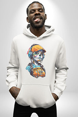 Robot Kız Müzik Kulaklık Şapka Kadın Erkek  Beyaz Kapüşonlu Sweatshirt Hoodie