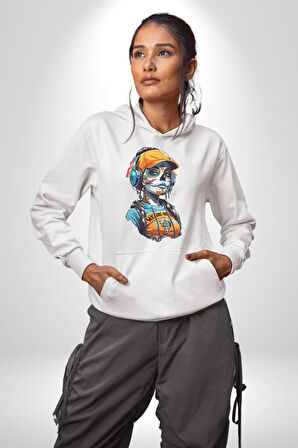 Robot Kız Müzik Kulaklık Şapka Kadın Erkek  Beyaz Kapüşonlu Sweatshirt Hoodie