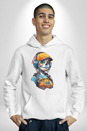 Robot Kız Müzik Kulaklık Şapka Kadın Erkek  Beyaz Kapüşonlu Sweatshirt Hoodie