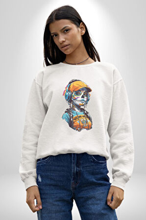 Robot Kız Müzik Kulaklık Şapka Kadın Erkek  Beyaz Baskılı Sweatshirt 