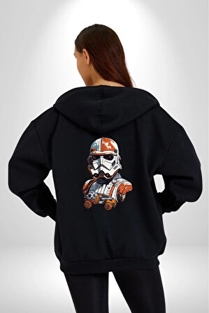 Star Wars Renkli Clone Troopers  Kadın Erkek Siyah Renk Kapüşonlu Kanguru Cepli  Fermuarlı Pamuklu Oversize Dijital Baskılı Hırka Sweatshirt