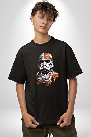 Star Wars Renkli Clone Troopers  Pamuklu Bisiklet Yaka Kadın Erkek Oversize Boyfriend Dijital Baskılı Siyah T-shirt