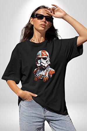 Star Wars Renkli Clone Troopers  Pamuklu Bisiklet Yaka Kadın Erkek Oversize Boyfriend Dijital Baskılı Siyah T-shirt