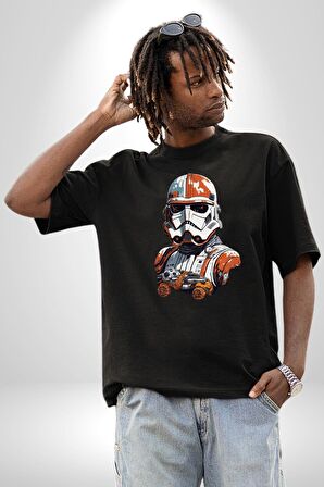 Star Wars Renkli Clone Troopers  Pamuklu Bisiklet Yaka Kadın Erkek Oversize Boyfriend Dijital Baskılı Siyah T-shirt