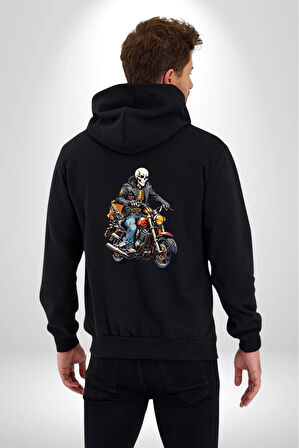Cehennem Melekleri Motorsiklet Kurukafa Kadın Erkek Siyah Renk Kapüşonlu Kanguru Cepli  Fermuarlı Pamuklu Oversize Dijital Baskılı Hırka Sweatshirt
