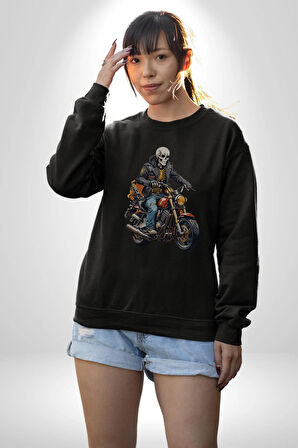 Cehennem Melekleri Motorsiklet Kurukafa Kadın Erkek  Siyah Baskılı Sweatshirt 